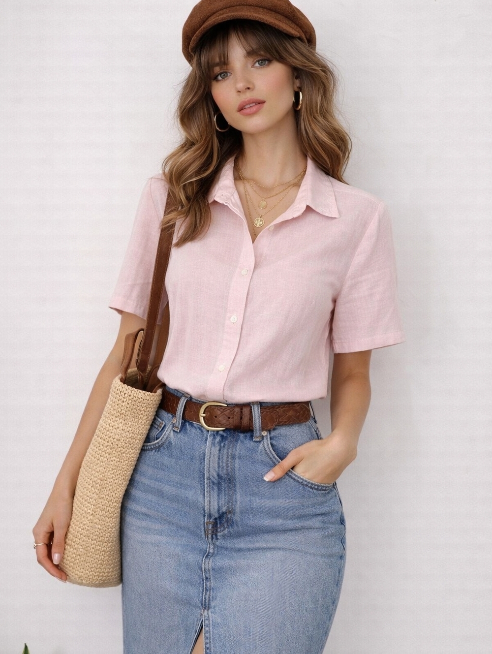 Vintage Linen Blend Button Front Pink Blouse Costal Butter mom